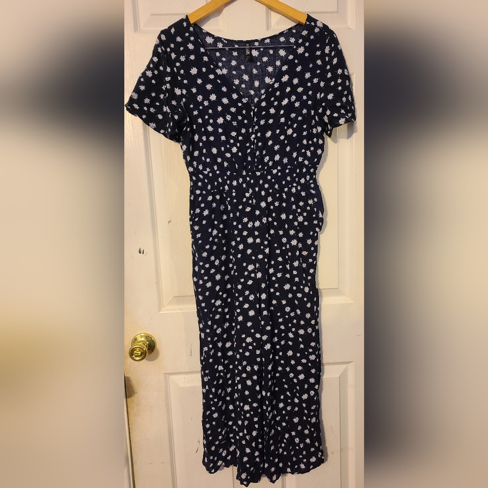Lapis Dark Blue Floral Jumpsuit Romper Sz L 100% Rayon